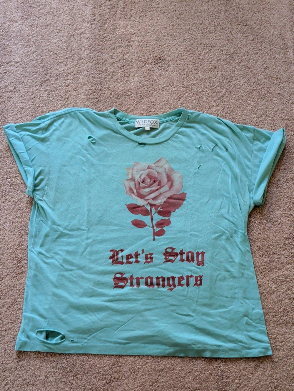 Wildfox Mint Green Rose Distressed Graphic Tee with Red Print